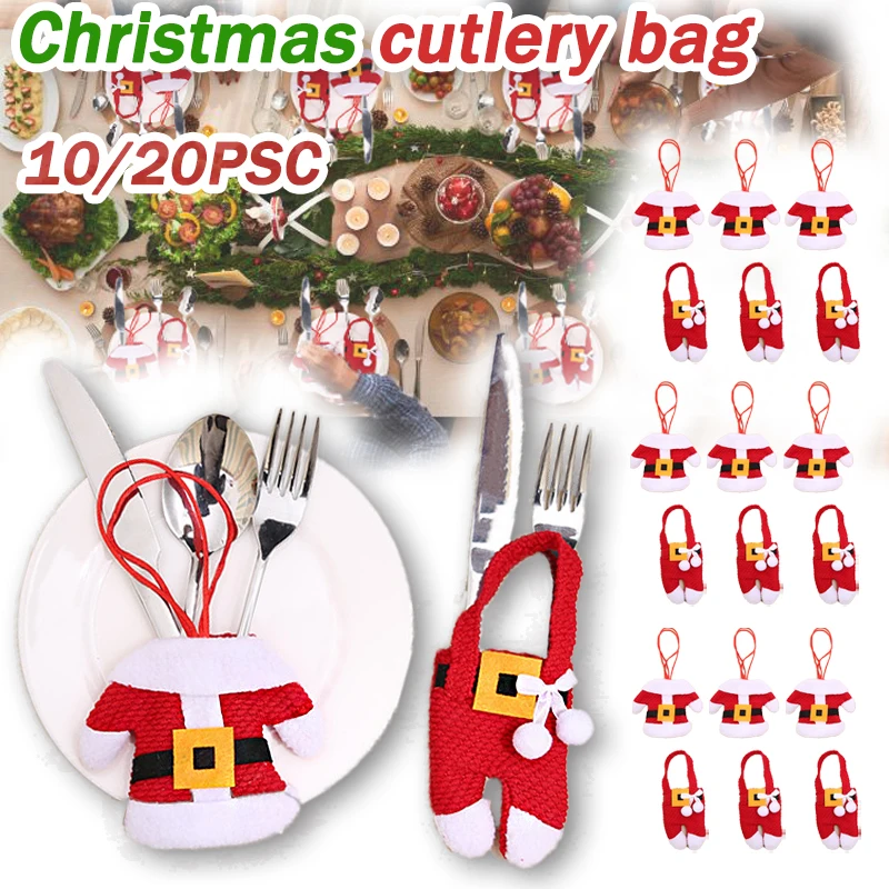 

10pcs Christmas Cutlery Holders Suit Silverware Pockets Knifes Forks Tableware Decor Bag Storage Covers Christmas Xmas Party