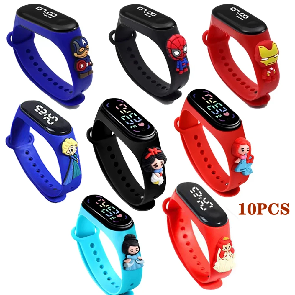 

10PCS Disney Watch Princess Frozen Elsa Anna Spiderman Iron Man Mickey Minnie Mouse Stitch Winnie the Pooh LED Children Watch