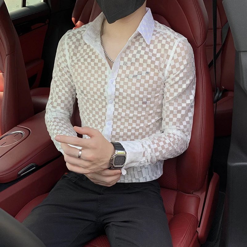 Men Dress Shirt 2022 Fashion Sexy Transparent Lace Long Sleeve Slim Fit Casual Shirt Social Party Nightclub Tuxedo Stage Costume