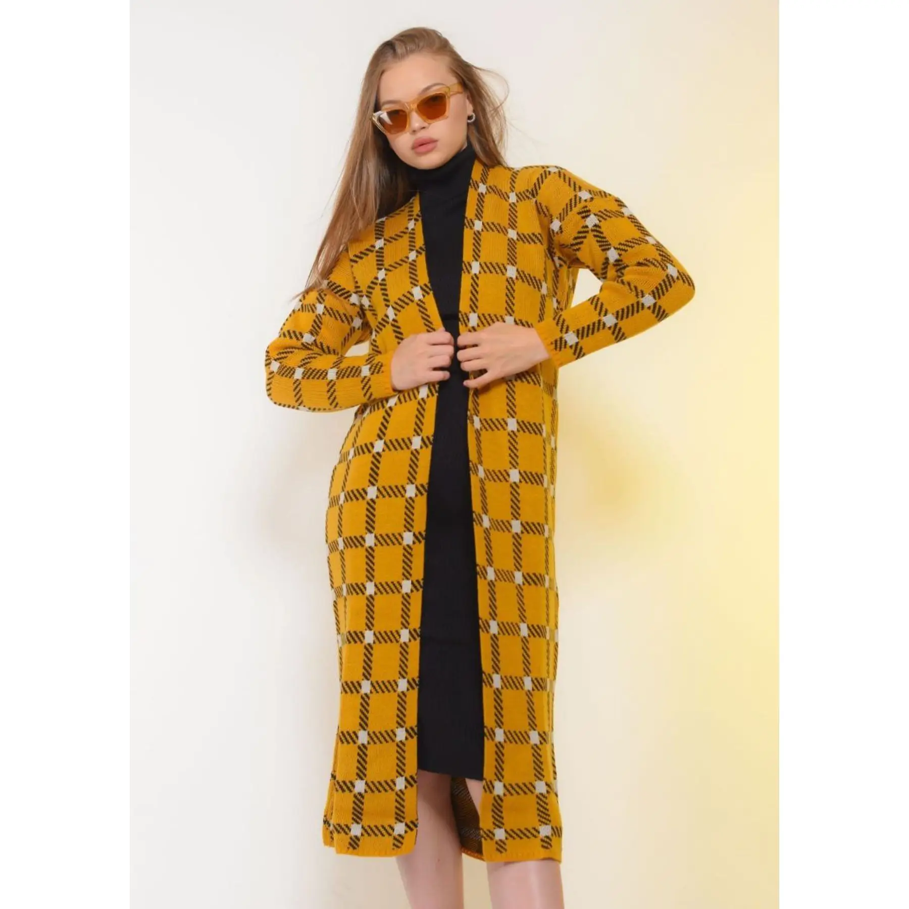 

Women’s Two Piece Set Turtleneck Maxi Dress and Square Patterned Cardigan Women Winter Suit Outfits Modest Plus Size Dress Set