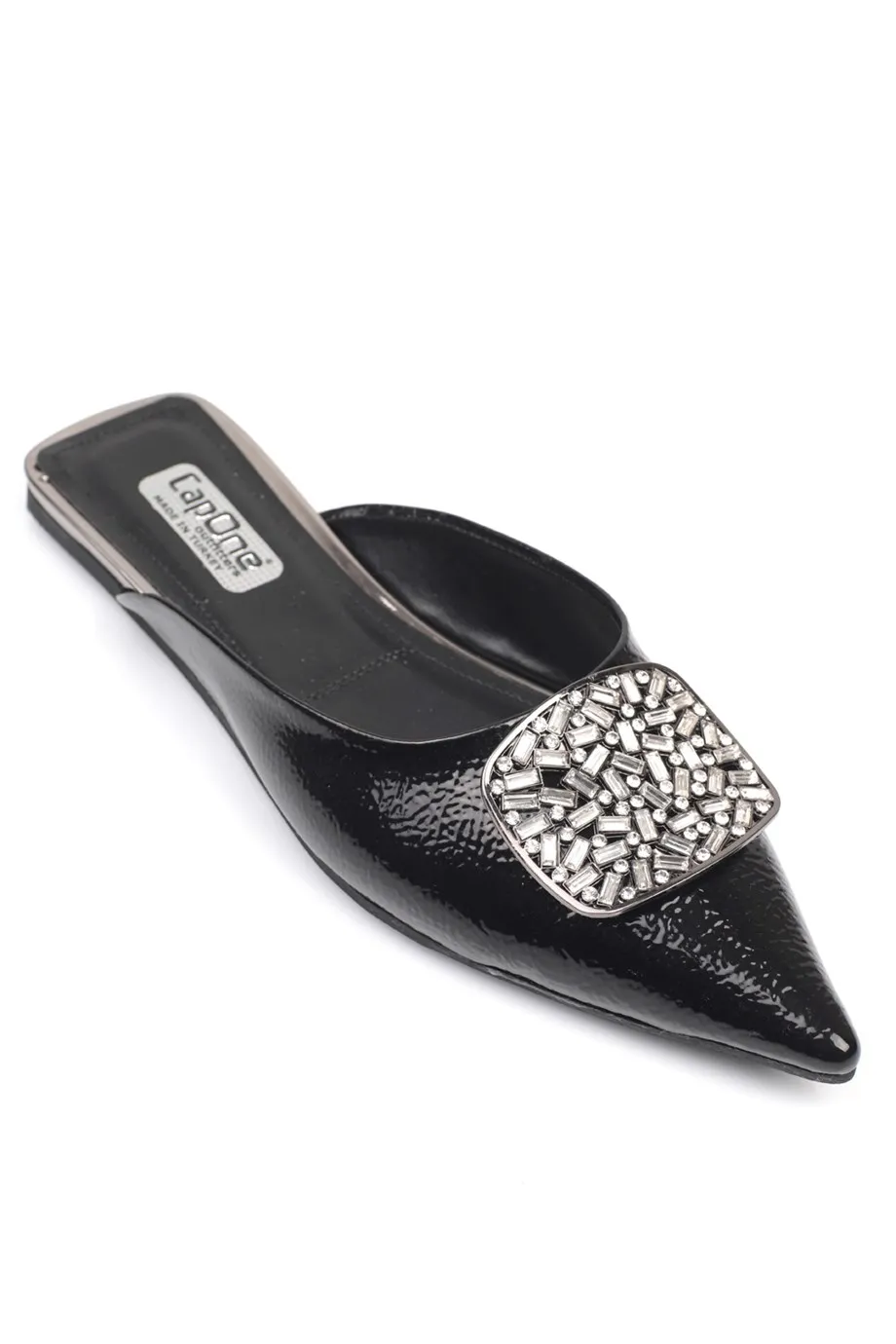 

Шлепанцы женские из лакированной кожи, плоский каблук, закрытый носок, помятые, сандалии, детские тапочки, черный камень