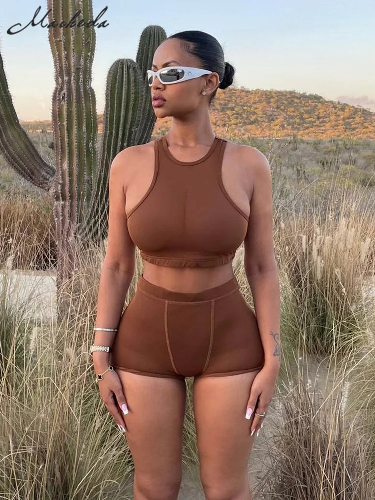 

Macheda Casual Two Piece Set Women Summer Skinny Sleeveless Crop Top and High Waist Shorts Fitness Sporty Wear Streetwear