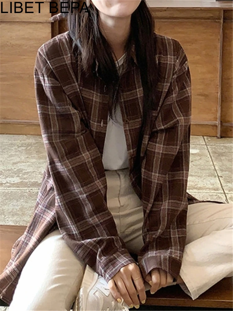 

New 2022 Fashionable Oversized POLO Collar Shirt Plaid Clothing Tunika Preppy Style Autumn Winter Women's Blouses Tops BL3030