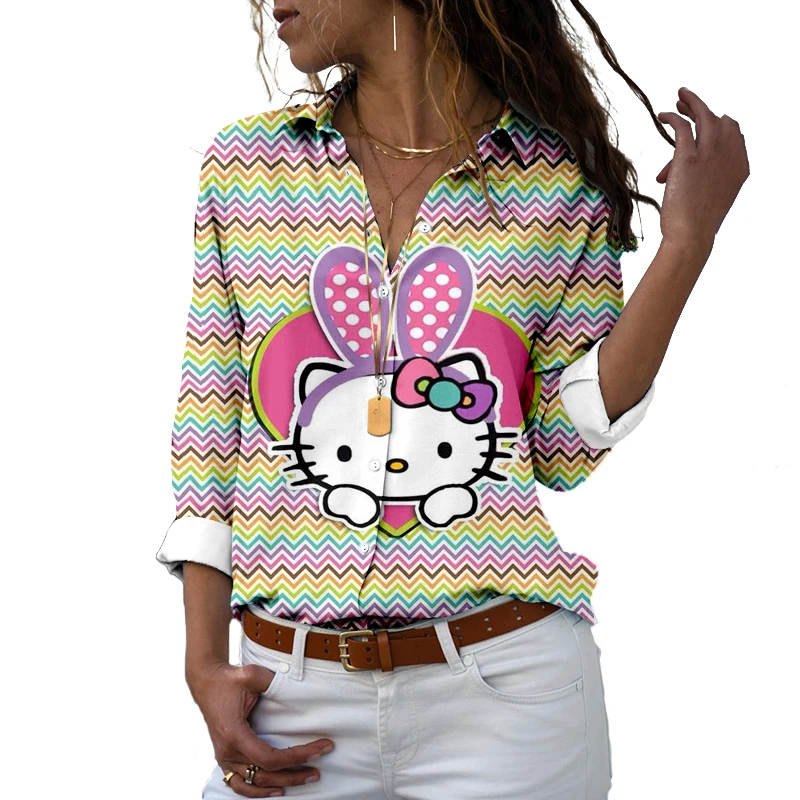 

2022 Women's Casual Flower Run Hello Kitty Drawing Shirt Pattern Long Sleeve Print V Neck Basic Shirt Top/3D Printing