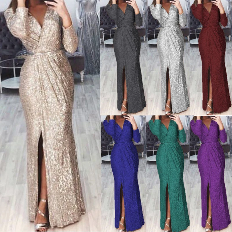 

Women Dress V Neck Floor Length Long Sleeve Thigh High Slit Sequin Mermaid Dresses Evening Gowns Lady Elegant Dresses