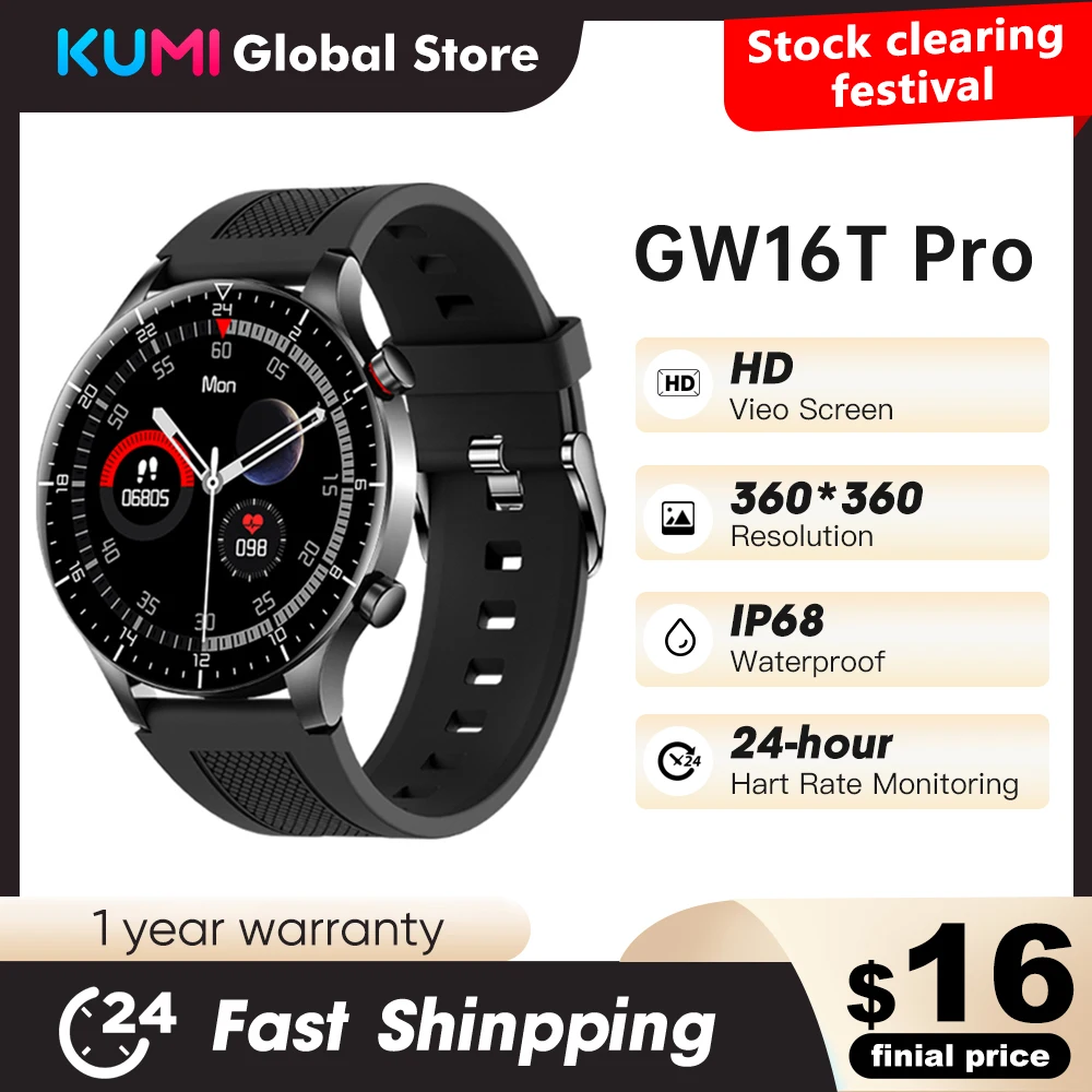 

KUMI GW16T Pro Men Smart Watch Heart Rate Blood Monitor Fitness Track IP68 Waterproof Bluetooth Smartwatch for IOS Android Phone