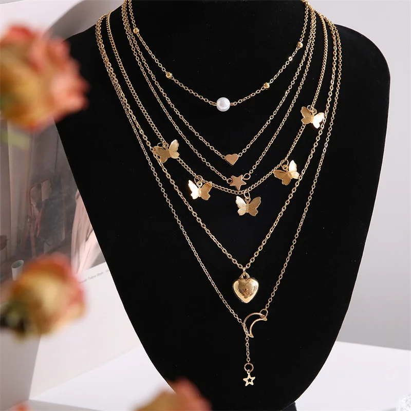 

2022 New Creative Fashion Cute Moon Star Heart Butterfly Ladies Necklace 6 Layers Pearl Bead Chain Alloys Jewelry 5380103