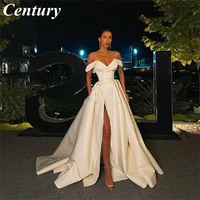 century a line prom dress spring satin off the shoulder v neck high slit long evening gown formal elegant vestidos de gala