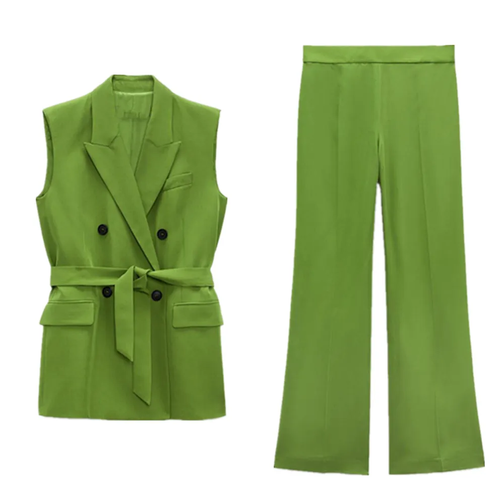 

PB&ZA summer new women's fashion commuter lapel sleeveless belted vest + sagging high waist casual straight trousers 3035/587