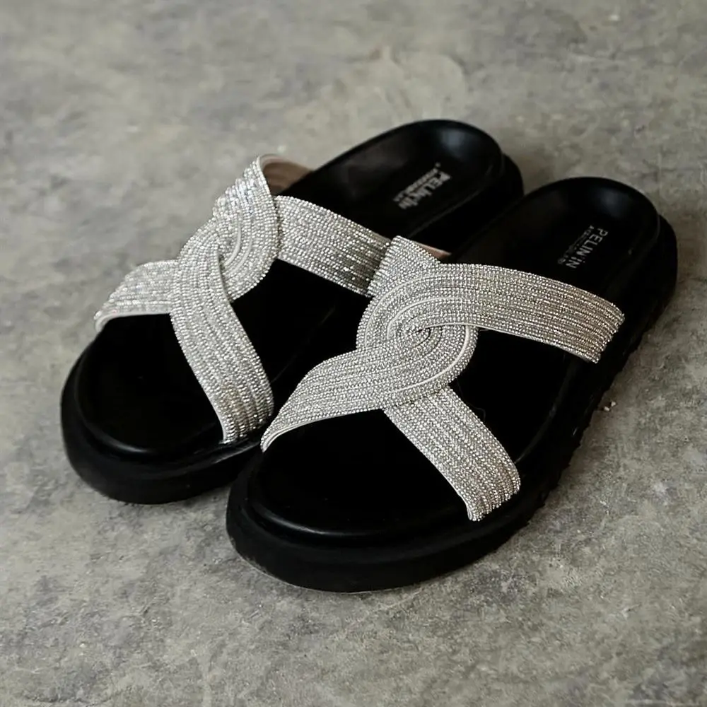 Rilla Interior Quality Artificial Leather Exterior Stony Material Thick Flat Sole Slippers Black Green White Stylish Summer Indo