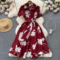 clothland women vintage floral midi dress sashes short sleeve turn down collar summer one piece dresses vestido qb180