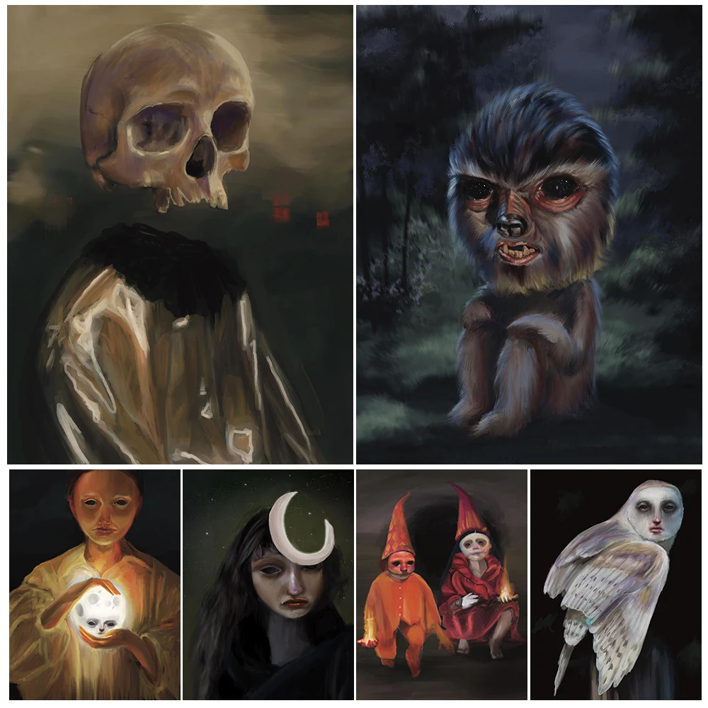 

Mothman,Werewolf,Piranha,Water Monster Abstract Wall Art Canvas Painting Horror Dark Creature Gothic Art Poster Print Decoration