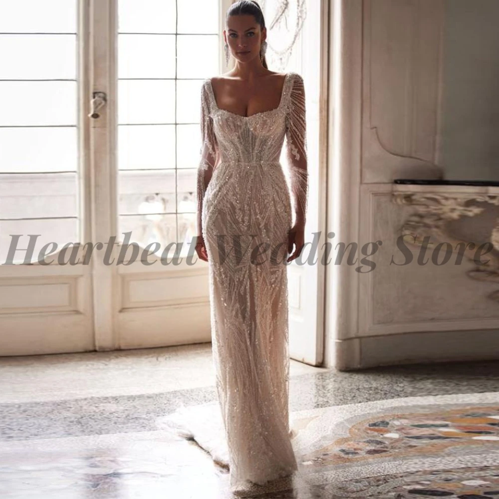 

High Quality 2023 Square Collar Wedding Dress Mermaid Women Lace-Up Backless Long Sleeve Court Train Sequins Beads Pearls