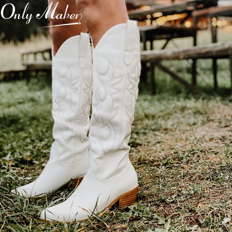 

Onlymaker Western Cowboy Boots White Knee High Boots Wide Calf Embroidered Pointed Toe Block Heel Pull-On Cowgirl Booties