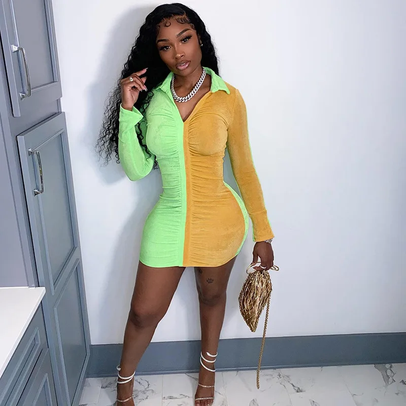 

Women's 2022 Summer New Casual Pleated Color Contrast Stitching Lapel Long-Sleeved Slim Short Dress
