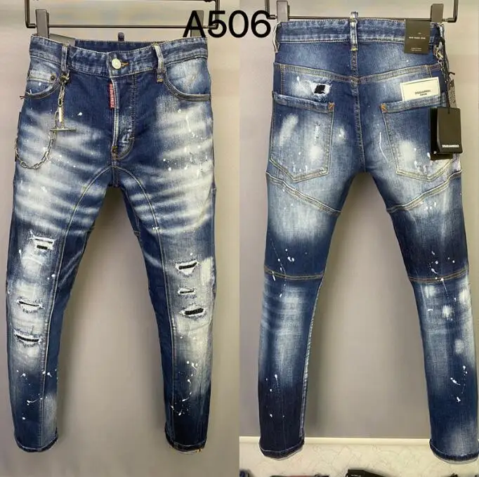 

Fashion Men's Washing Worn Out Torn Paint Jeans Men Patches Printed Hole Denim With Chain Blue Casual Jeans