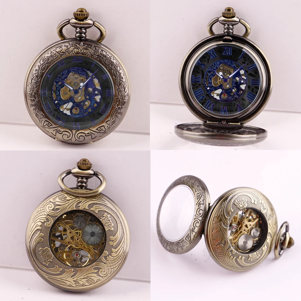 Vintage Roman Numerals Blue Dial Pocket Watches Mechanical Personalised Mens Hand Wind Fob Chain Watches