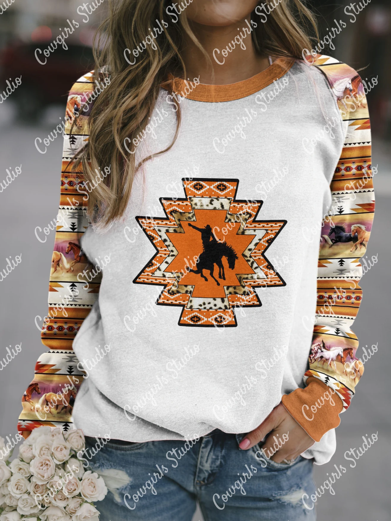 

Autumn Winter Retro Western Ethnic Geometric Print Sweatshirt Women's Casual Round Neck Vintage Blouse Loose Sweatshirts