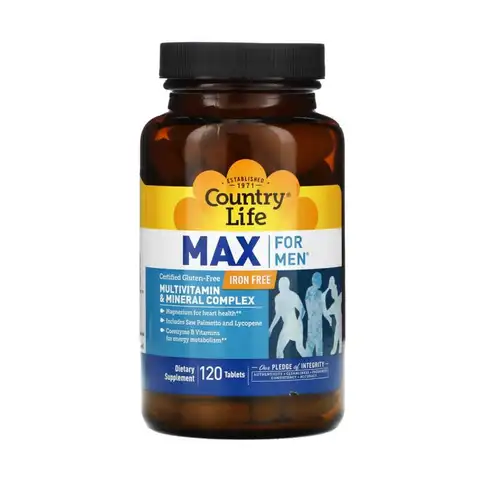Country Life, Max for Men, комплекс мультивитаминов и микроэлементов для мужчин, не содержит железа, 120 таблеток