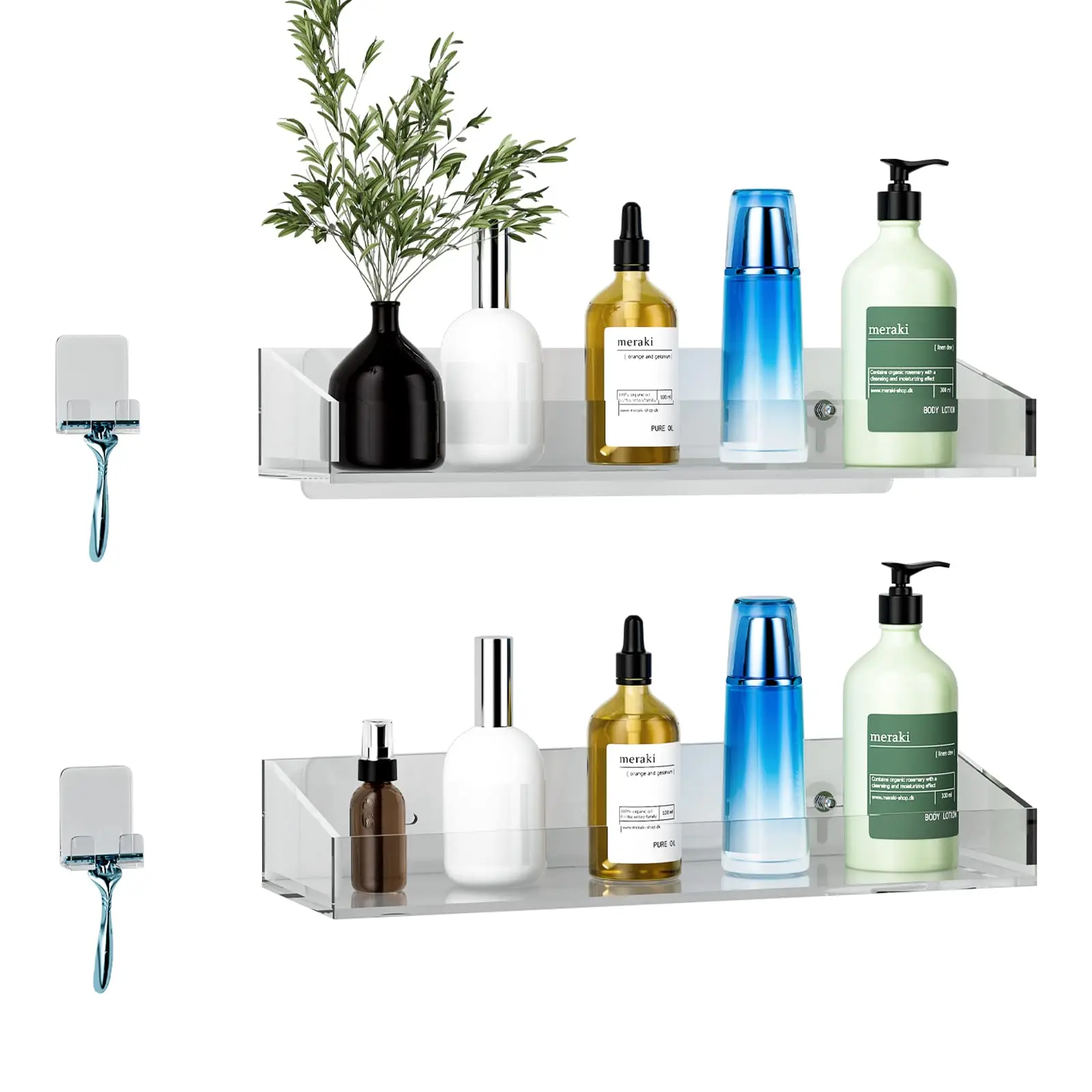 

Acrylic Shower Caddy Shelf of Traceless Adhesive Wall Mounted, Floating Acrylic Bathroom Shelves with Hooks for Razor