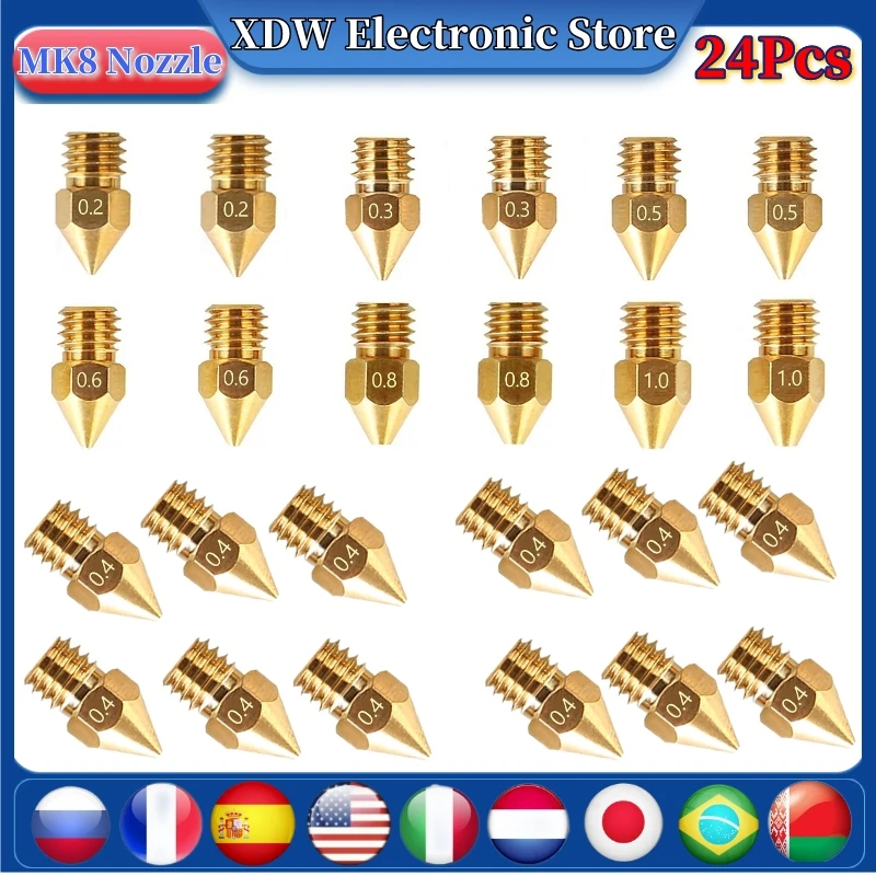 

3d Printer Accessories MK8 Brass Nozzle Extruder Set For Ender 3 Series and CR-10 0.2/ 0.3/ 0.4/ 0.5/0.6/ 0.8/1.0mm