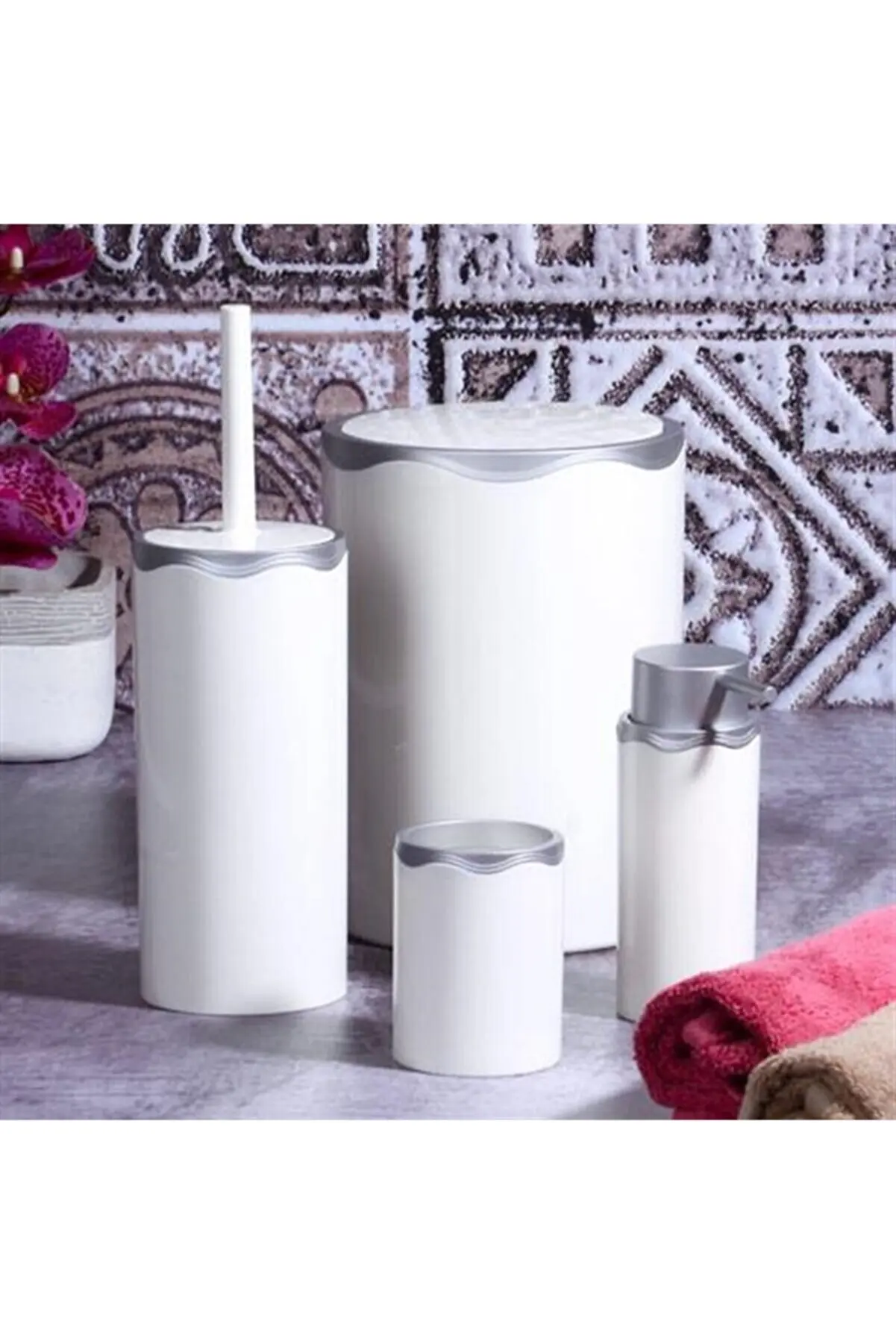 Bathroom Set White Silver 4 Piece Acrylic Bath Set Trash Can consists of Liquid Soap Dispenser, Toothbrush Holder and Toilet