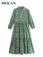 molan geometric pattern dress long sleeve lapel party dresses green elegant casual womens dresses print clothing