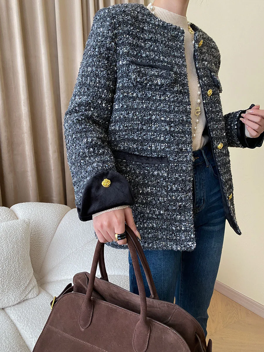 Женское однобортное шерстяное пальто средней длины красно-серое твидовое