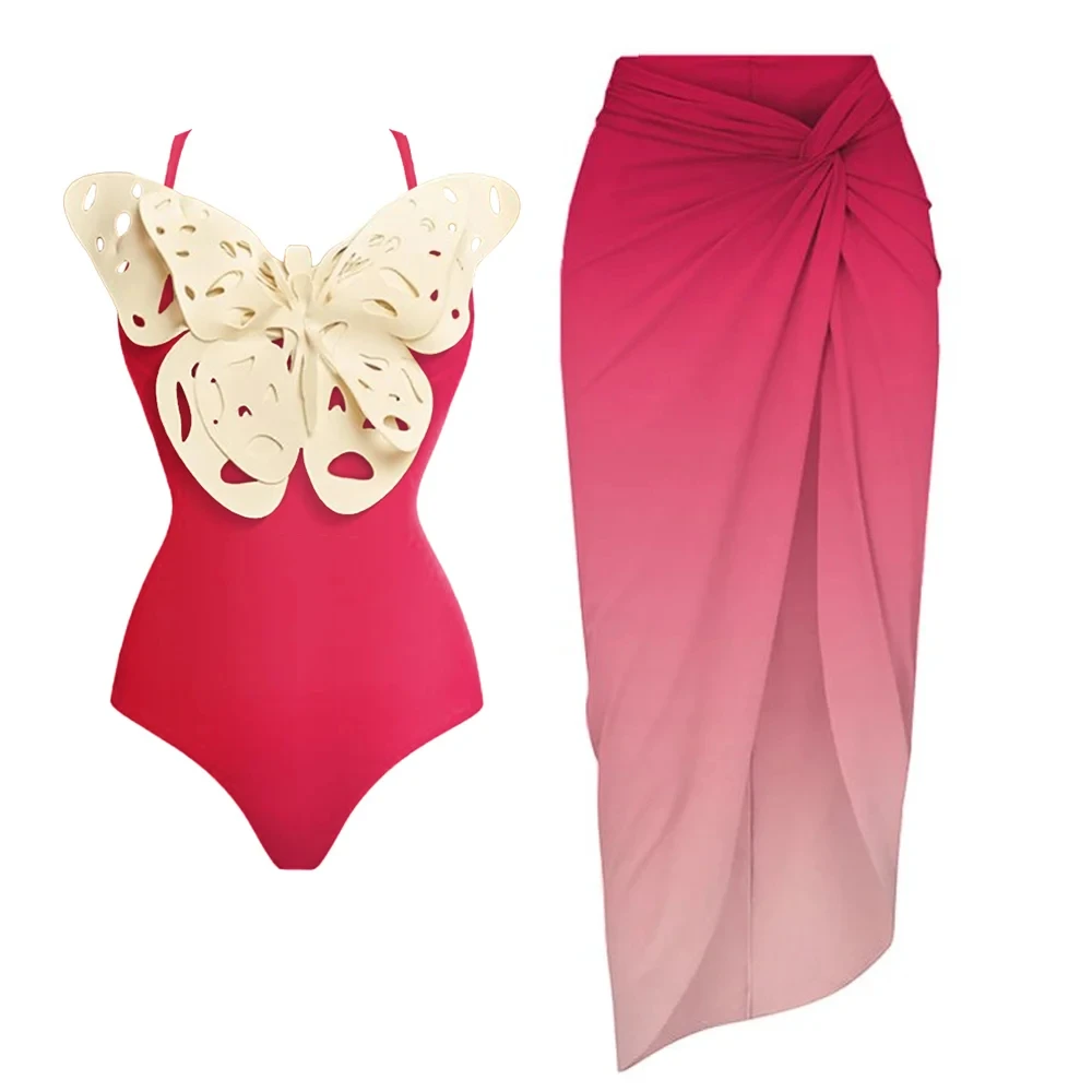 

2023 New Cute 3D Butterfly Gradient One Piece Swimsuit and Skirt Women Swimwear Beachwear Summer Luxury Monokini Bathing Suit