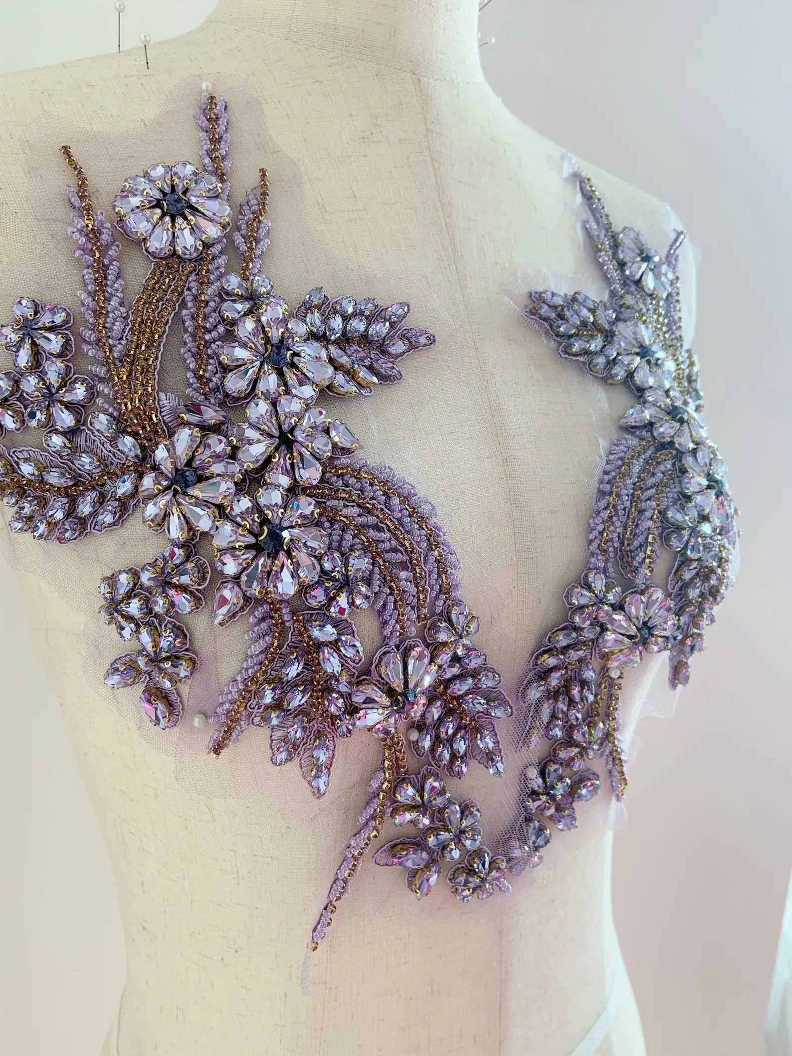 

Hand Crafted Purple Rhinestone Applique Crystal Florals Bodice for Dance Costume Rhinestone Bodice For Wedding Dress