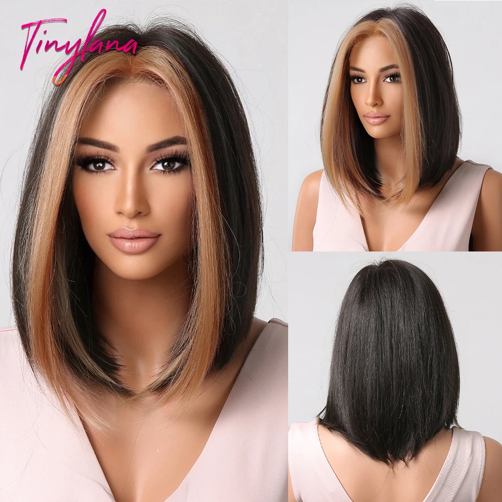 

Brown Black Golden Highlight Synthetic Short Straight Bob Hair Wigs for Afro Women Shoulder Blonde Natural Heat Resistant Hair