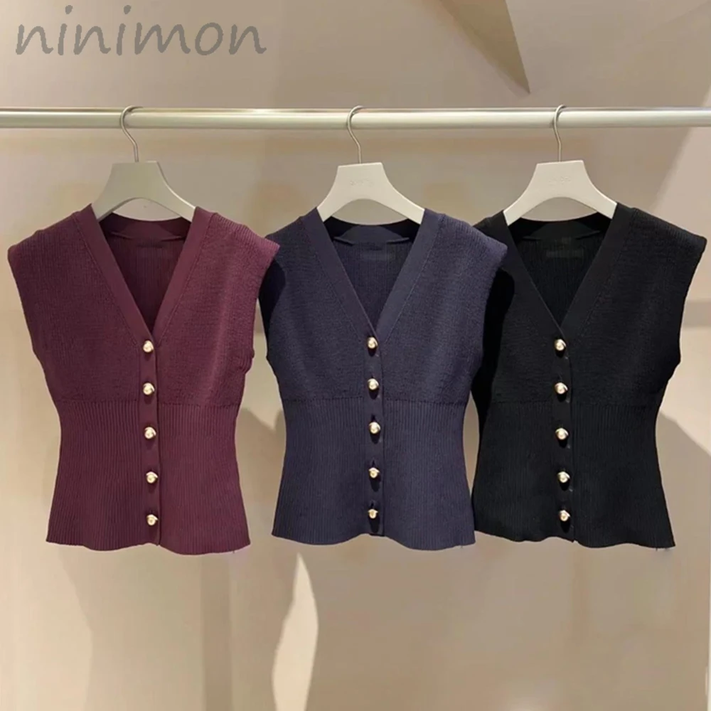 

NINIMON Early Autumn Sweater Vest V-neck Knit Cardigan Jacket Single Breasted Knitted Pullover Sleeveless Knitting Outerwear