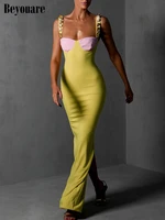 beyouare 2022 summer elegant sexy dresses party sleeveless backless women long bodycon maxi dress club button strap panelled