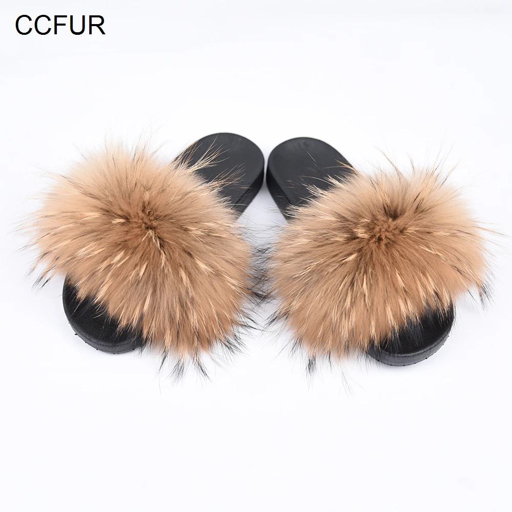 

Women's Fur Slipper Real Raccoon Fur Fashion Style Furry Slides Soft Warm Big Fluffy Fur Shoes S6020E