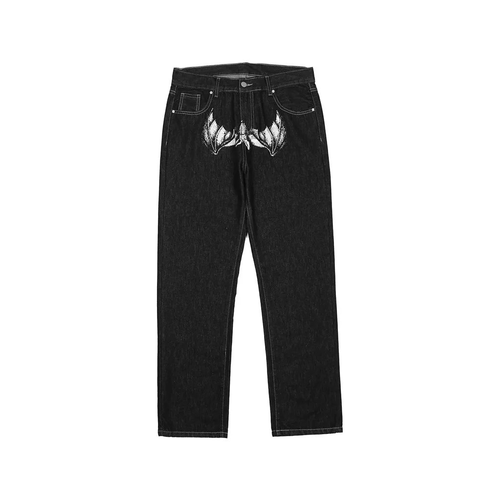 Black Retro Men Streetwear Hip Hop Skull Gothic Straight Wide Leg Cargo Pants Y2K Alt Harajuku Baggy Low Rise Denim Jeans Clothe