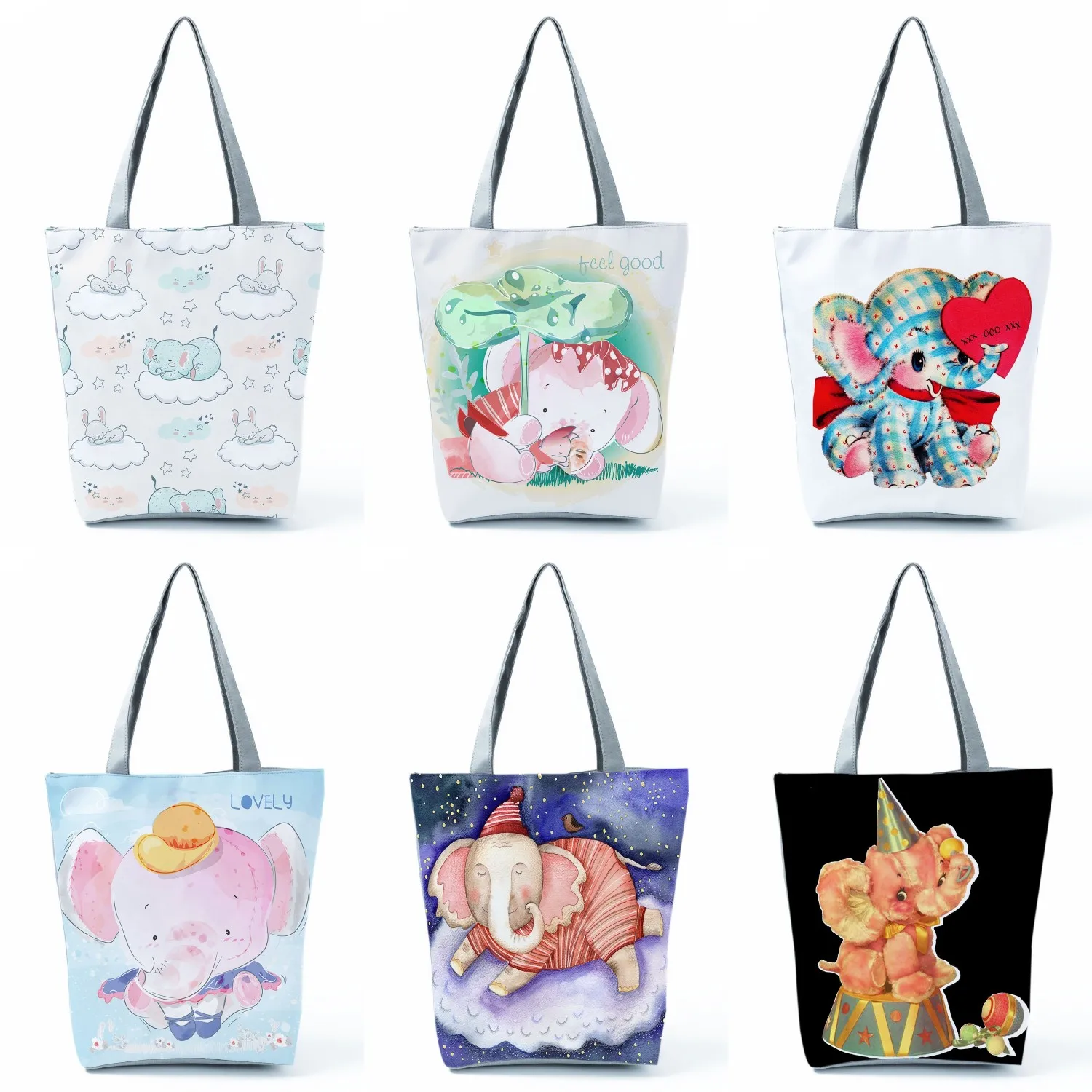 

Cute Elephant Printed Tote Bags Women Casual Reusable Shopping Bags High Capacity Traveling School Shoulder Bag Custom Pattern