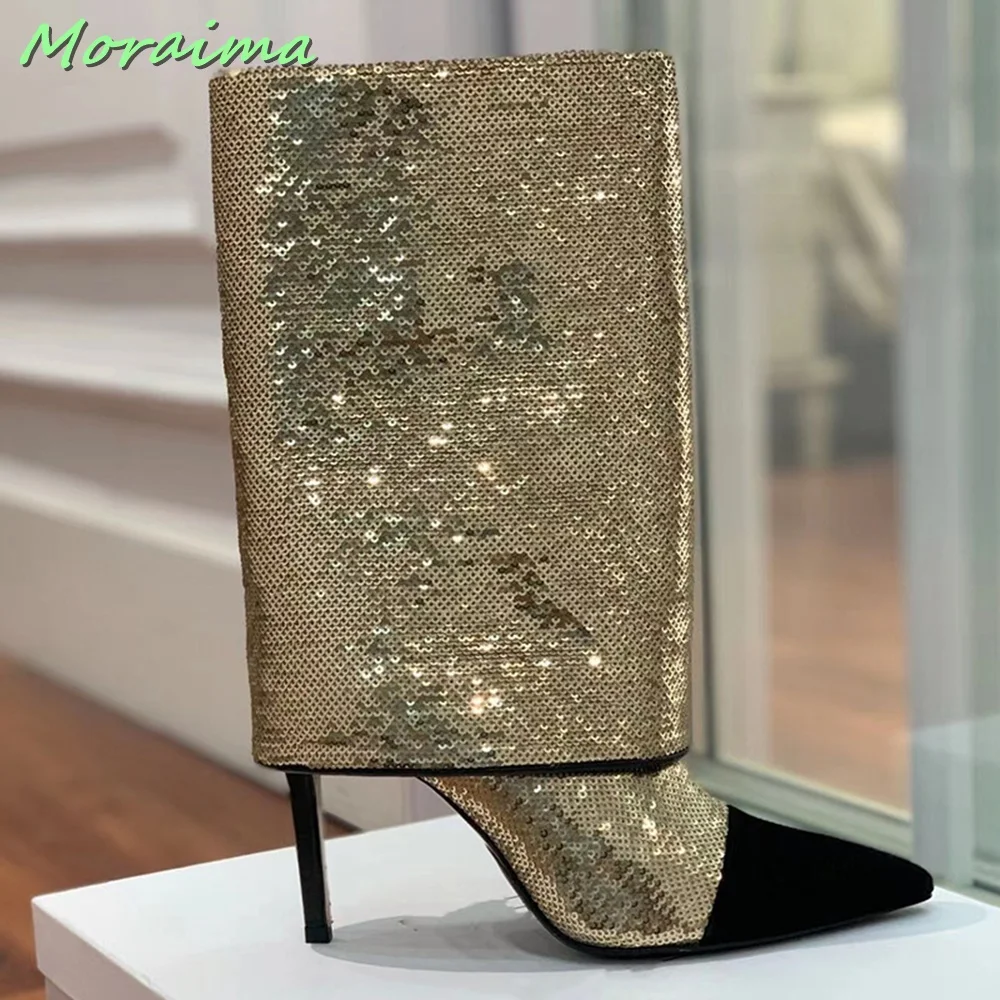 Sequins Pointed Toe Bling Trousers Boots Stiletto High Heel Stitching Slip On Solid Women Shoes Autumn Winter Runway Fashion New