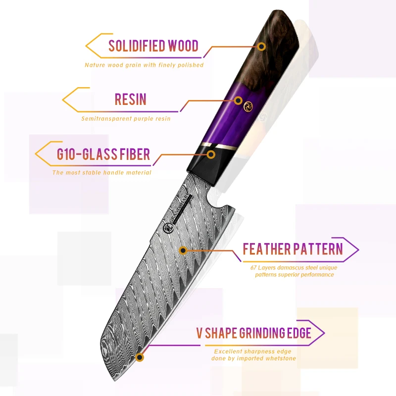 Японский нож сантоку Grandsharp 67 слоев дамасская сталь кухонный шеф-повара роскошный