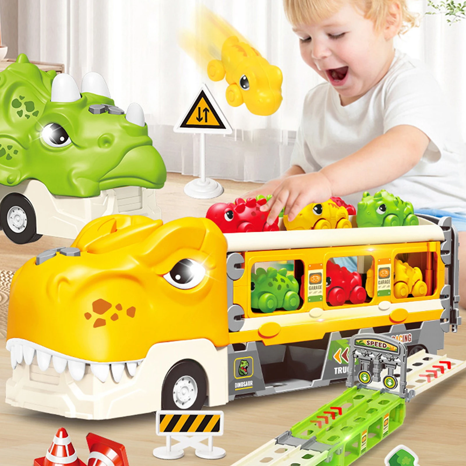 Игрушечный набор для детей с грузовиком-динозавром и гоночной трассой со