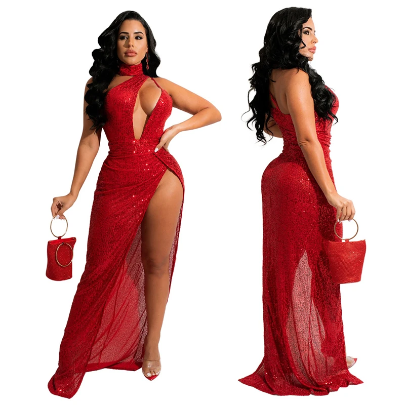 

Sequins Maxi Party Dress Women Sexy Cut Out Halter Backless High Split Long Robe Clubwear
