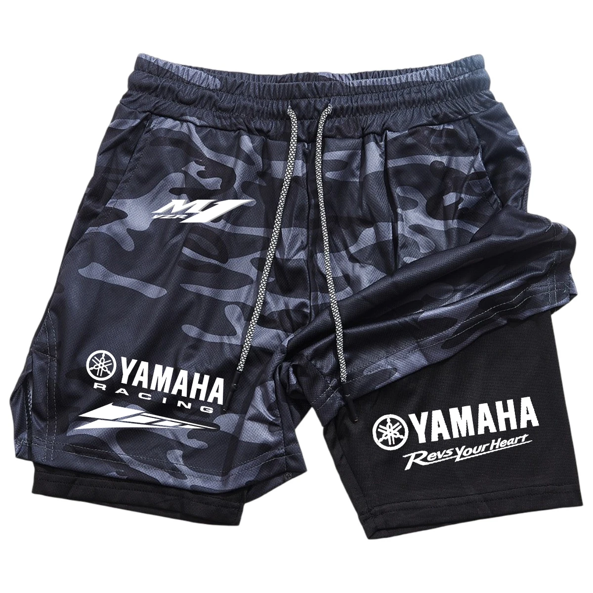Фото Мужские летние беговые шорты YAMAHA Racing Team 2-в-1, двухслойные, для спортзала, удобные, дышащие, спортивная одежда для активного отдыха №5