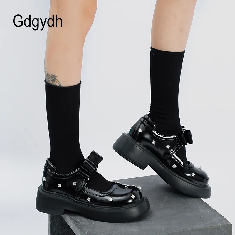 

Gdgydh Womens Mary Janes Shoes Rhinestone Cute Bow Round Toe Platform Ankle Strap Chunky Heel Black Uniform Dress Pumps Shoes