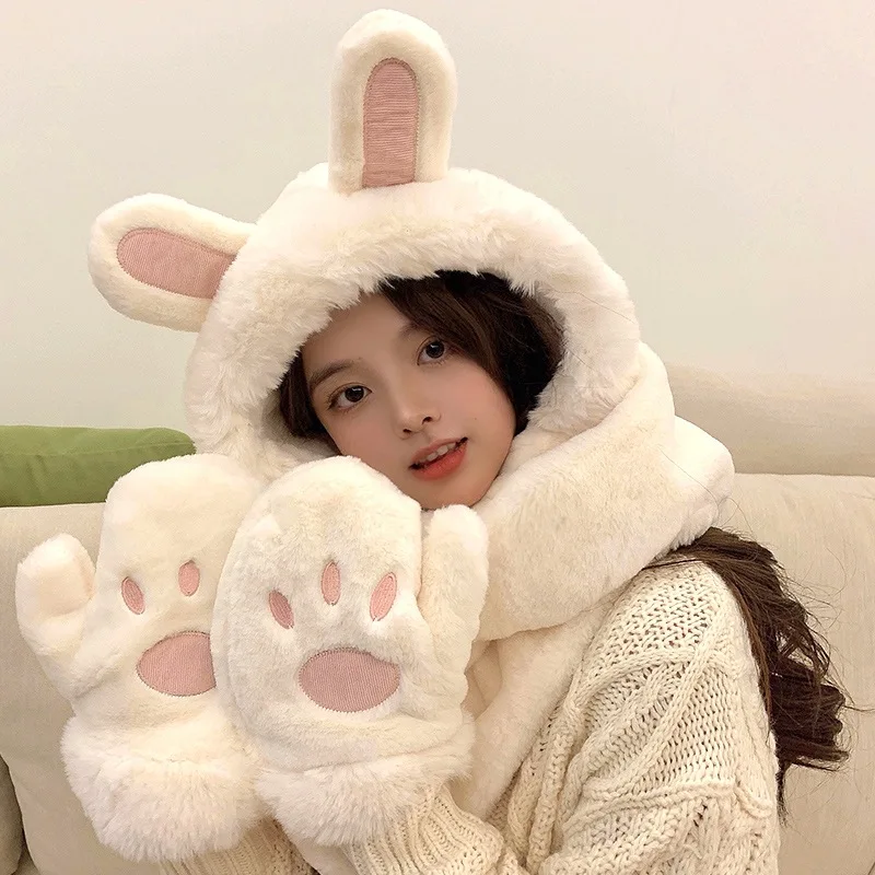 

3 in1 Gloves Scarf Rabbit Ears Hat Cute Cartoon Cap Kawaii Plush Bonnet Woman Winter New Gift Outdoor Warm Set Valentine's Day
