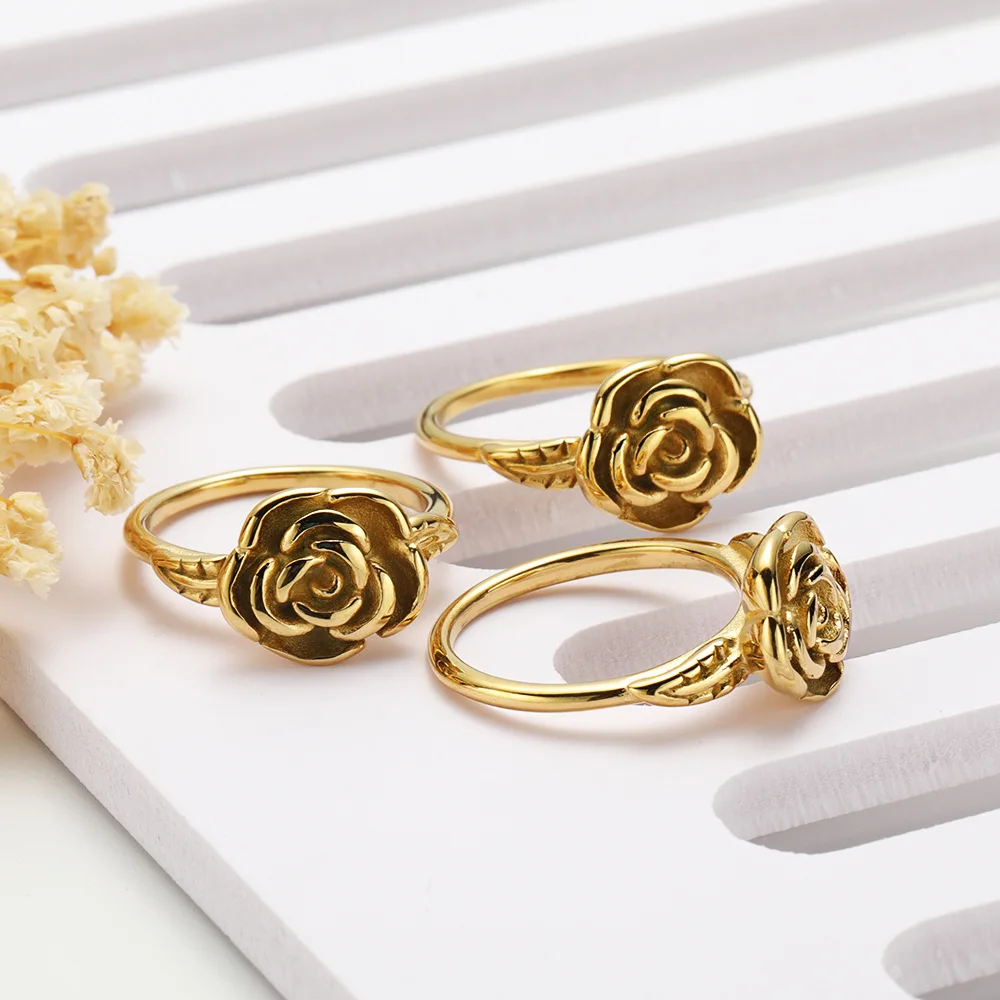 

Factory Direct Sales Rose Flower Wedding Rings For Women Girls Trendy Stainless Steel Party Jewelry Christmas Gift Free Shipping