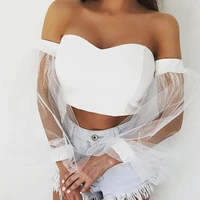 2022 beautiful womens bubble sleeve mesh stitching one shoulder backless t shirt