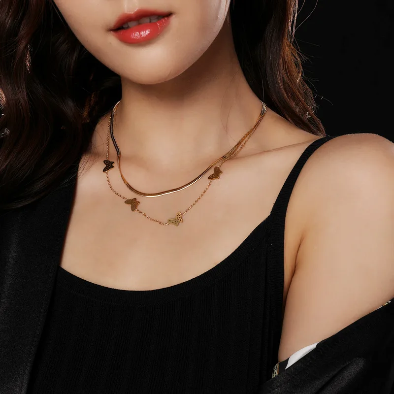 

Hollow Butterfly Titanium Steel Necklace Does Not Fade Color Women's Premium Double Layer Snake Bone Chain, Festival, Party