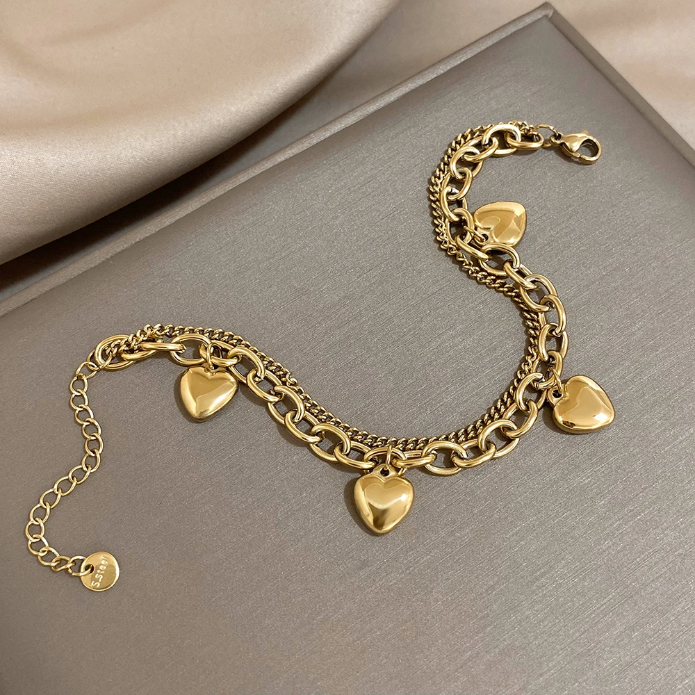 Stainless Steel Heart Pendant Cuba Link Chain Bracelet Bangles For Women Girls Gold Color Love Charm Bracelets Jewelry Gift
