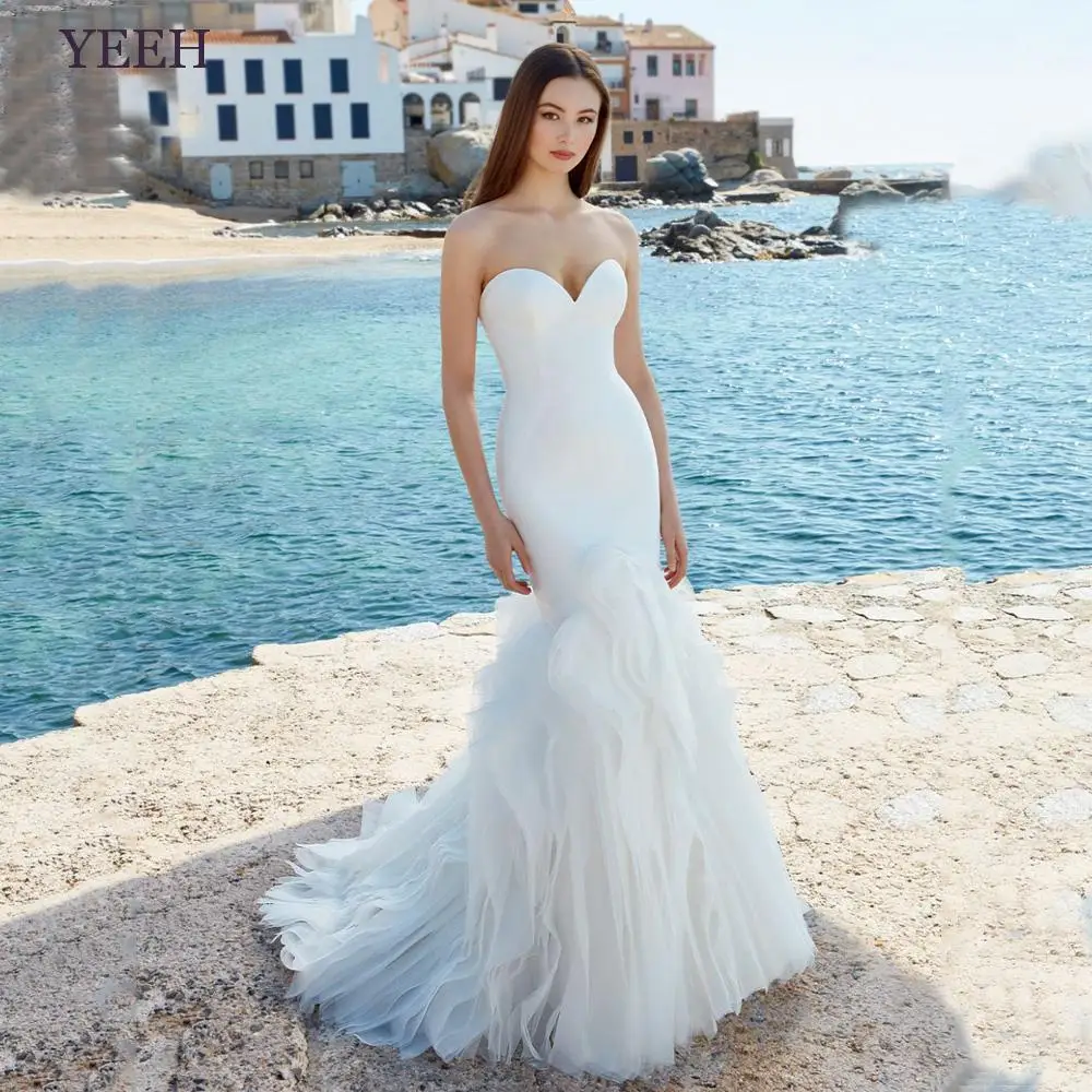 

Женское Плиссированное свадебное платье YEEH, Пляжное Платье с глубокой спиной и юбкой-годе, платье невесты со шлейфом