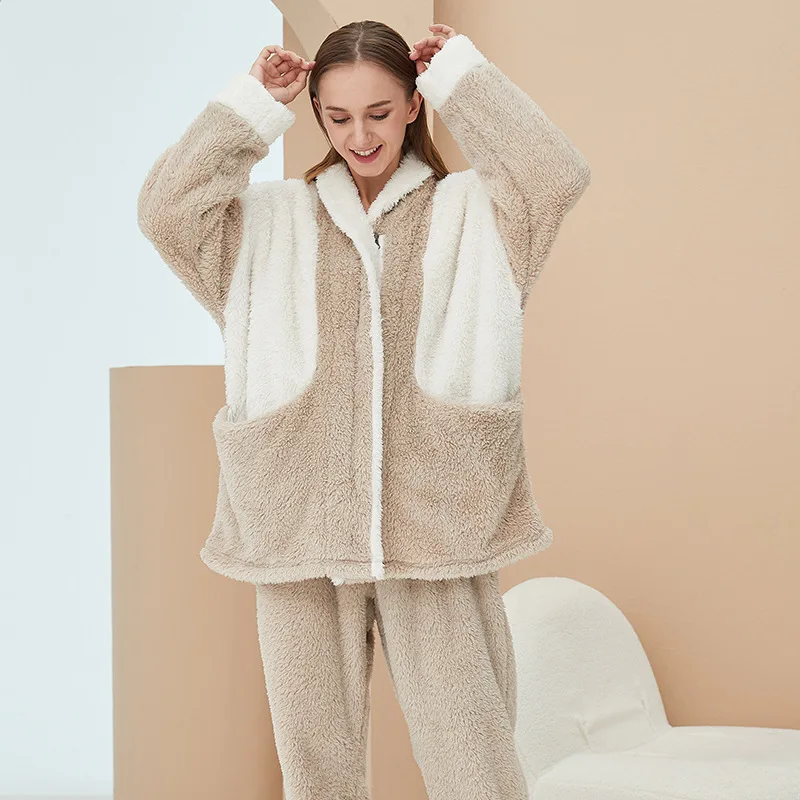 Winter Home Clothes Contrast Color Zip Thin Coral Velvet Pajamas Women Thick Lamb Velvet Flannel Home Sleepwear Set Wholesale