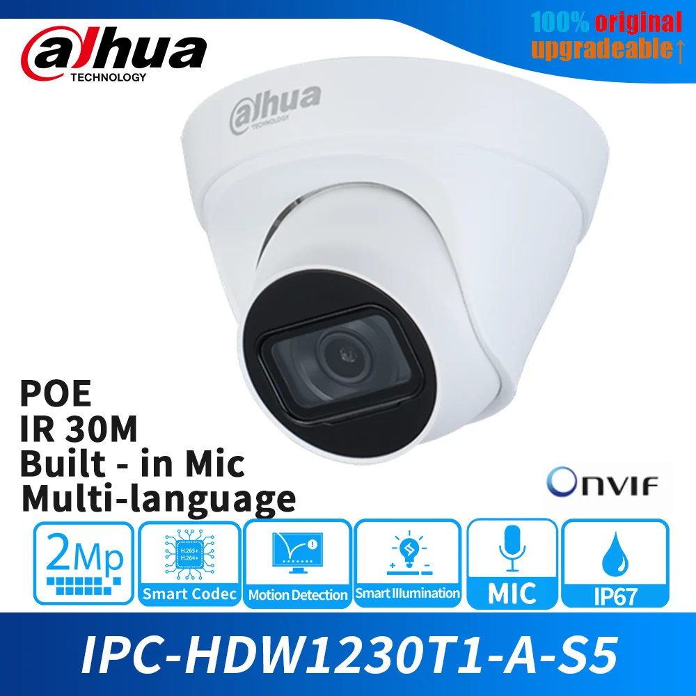 

Dahua IP Camera 2MP POE IPC-HDW1230T1-A-S5 IR30M Built-in MIC Motion Detection Waterproof Indoor Eyeball Security Network Camera
